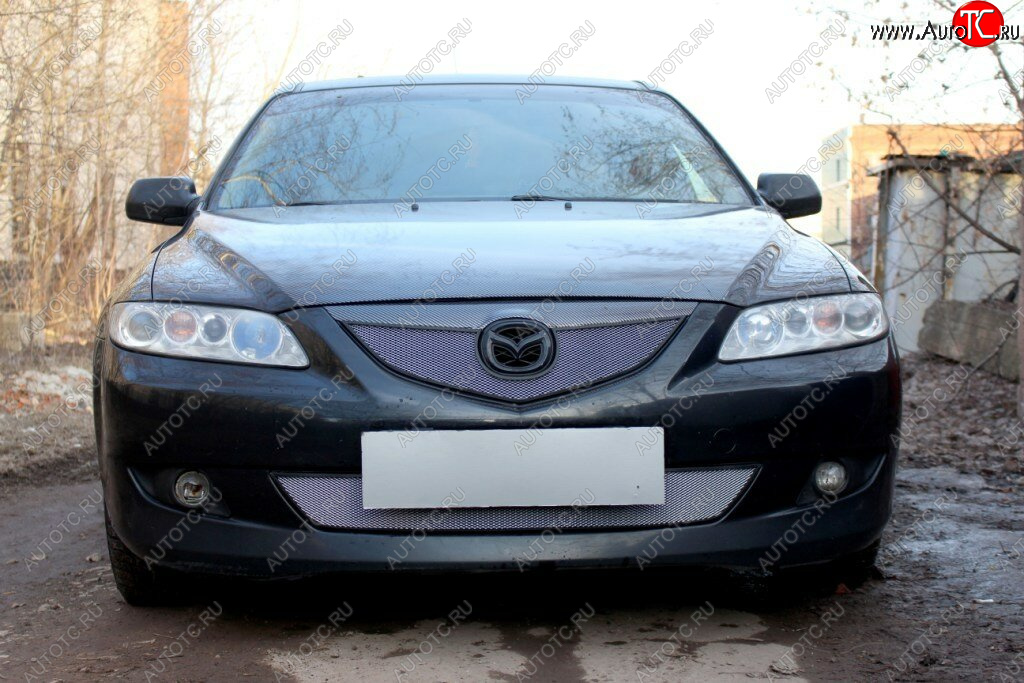 3 199 р. Защитная сетка в бампер (верх, ячейка 3х7 мм) Alfeco Стандарт  Mazda 6  GG (2002-2005) лифтбэк дорестайлинг, седан дорестайлинг (Хром)  с доставкой в г. Таганрог