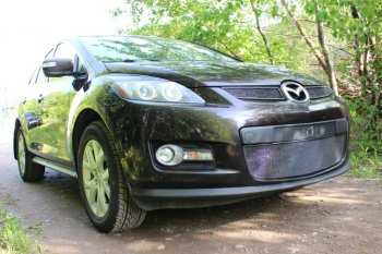 3 199 р. Защитная сетка в бампер (низ, ячейка 3х7 мм) Alfeco Стандарт Mazda CX-7 ER дорестайлинг (2006-2010) (Чёрная)  с доставкой в г. Таганрог. Увеличить фотографию 2