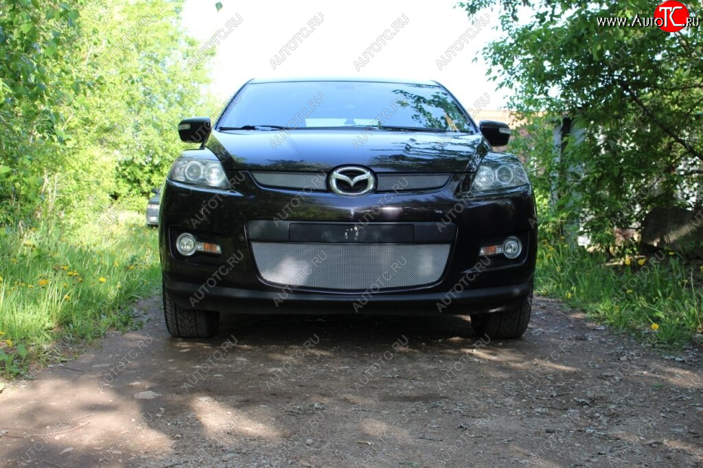 3 999 р. Защитная сетка в бампер (низ, ячейка 3х7 мм) Alfeco Стандарт  Mazda CX-7  ER (2006-2010) дорестайлинг (Хром)  с доставкой в г. Таганрог