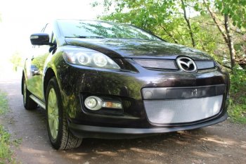 3 999 р. Защитная сетка в бампер (низ, ячейка 3х7 мм) Alfeco Стандарт  Mazda CX-7  ER (2006-2010) дорестайлинг (Хром)  с доставкой в г. Таганрог. Увеличить фотографию 2