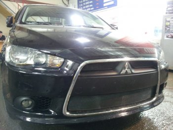 5 849 р. Защитная сетка в бампер (3 части, ячейка 3х7 мм) Alfeco Стандарт Mitsubishi Lancer 10 CY седан рестайлинг (2011-2017) (Чёрная)  с доставкой в г. Таганрог. Увеличить фотографию 1