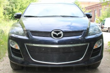 Защитная сетка в бампер (верх, 2 части, ячейка 4х10 мм) Alfeco Премиум Mazda CX-7 ER рестайлинг (2010-2012)  (Чёрная)