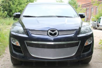 Защитная сетка в бампер (верх, 2 части, ячейка 4х10 мм) Alfeco Премиум Mazda CX-7 ER рестайлинг (2010-2012)  (Хром)