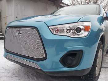 4 299 р. Защитная сетка в бампер (низ, ячейка 4х10 мм) Alfeco Премиум Mitsubishi ASX 1-ый рестайлинг (2013-2016) (Хром)  с доставкой в г. Таганрог. Увеличить фотографию 2