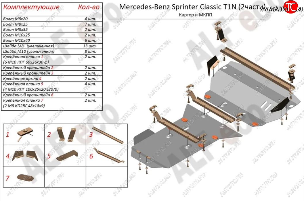 15 899 р. Защита картера двигателя и МКПП (V-2,1 CDI, 2 части) ALFECO Mercedes-Benz Sprinter W905 рестайлинг (2000-2006) (Алюминий 3 мм)  с доставкой в г. Таганрог