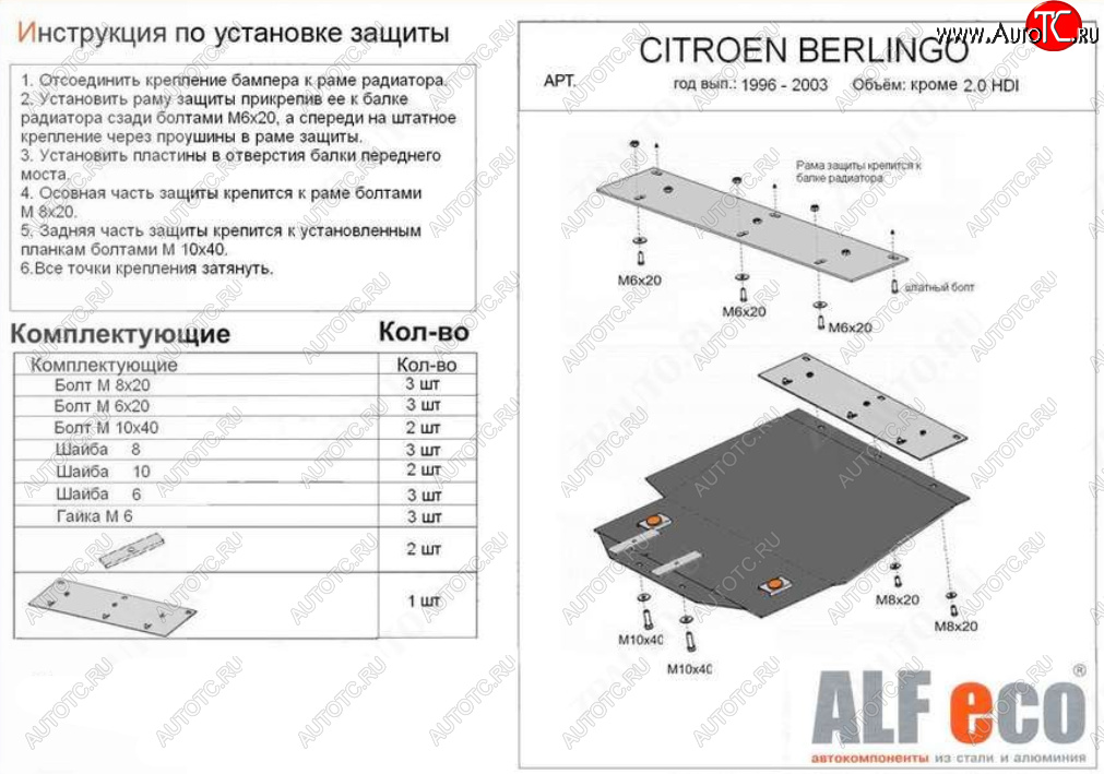 13 199 р. Защита картера двигателя и КПП (кроме 2,0 HDI) ALFECO  CITROEN Berlingo  M49 (1996-2003) дорестайлинг (Алюминий 4 мм)  с доставкой в г. Таганрог