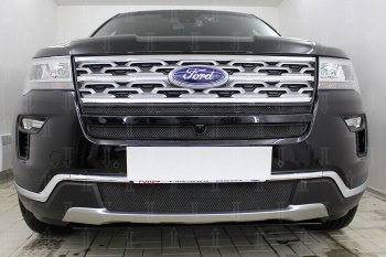 Защитная сетка в бампер (верх, 2 части, ячейка 3х7 мм) Alfeco Стандарт Ford (Форд) Explorer (Експлорер)  U625 (2019-2024) U625 5 дв.  (Чёрная)