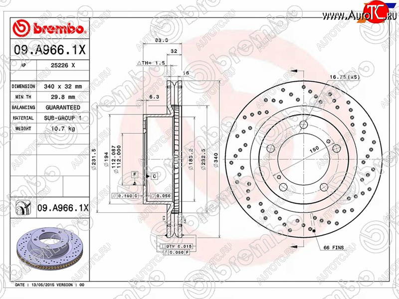 15 299 р. Тормозной передний диск (Ø340) BREMBO   Lexus LX570  J200 (2007-2015), Toyota Land Cruiser  200 (2007-2015)  с доставкой в г. Таганрог