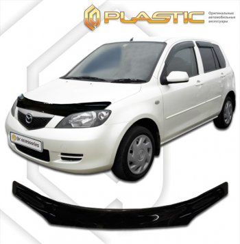 2 009 р. Дефлектор капота CA-Plastic  Mazda 2/Demio  DY (2002-2005) дорестайлинг (серия Classic черный, с надписью)  с доставкой в г. Таганрог. Увеличить фотографию 1