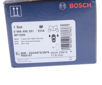 2 859 р. Колодки тормозные передние (4шт.) BOSCH BMW 1 серия E81 хэтчбэк 3 дв. рестайлинг (2007-2012)  с доставкой в г. Таганрог. Увеличить фотографию 4