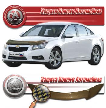 2 199 р. Дефлектор капота CA-Plastiс  Chevrolet Cruze  J300 (2009-2015) седан дорестайлинг, седан рестайлинг (серия Шелкография карбон золото)  с доставкой в г. Таганрог. Увеличить фотографию 1