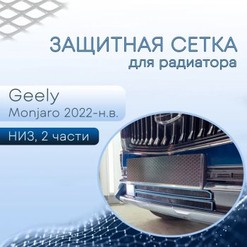 4 199 р. Защитная сетка в бампер (низ, 2 части, ячейка 3х7 мм) Alfeco Стандарт  Geely Monjaro (2022-2025) (Чёрная)  с доставкой в г. Таганрог. Увеличить фотографию 1