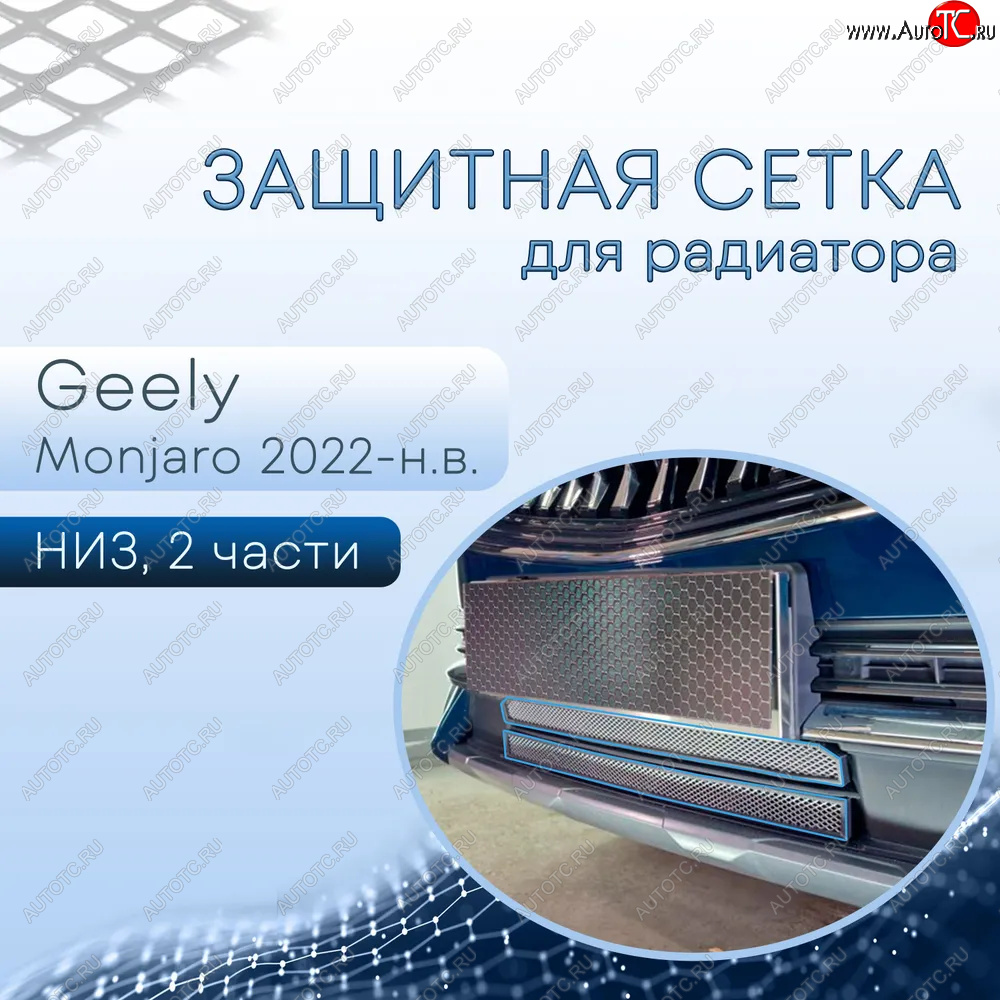 4 599 р. Защитная сетка в бампер (низ, 2 части, ячейка 3х7 мм) Alfeco Стандарт  Geely Monjaro (2022-2025) (Хром)  с доставкой в г. Таганрог