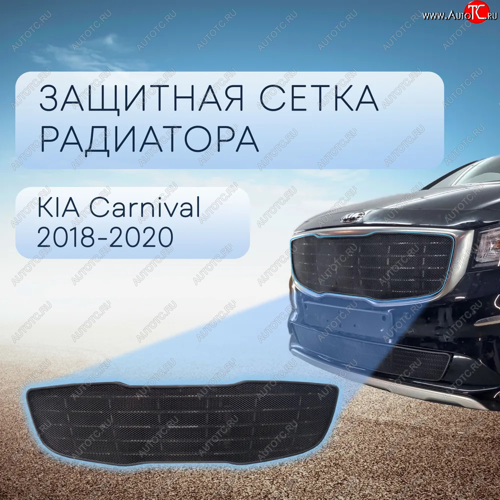 5 299 р. Защитная сетка в бампер (верх, ячейка 3х7 мм) Alfeco Стандарт  KIA Carnival  YP (2018-2020) минивэн рестайлинг (Чёрная)  с доставкой в г. Таганрог