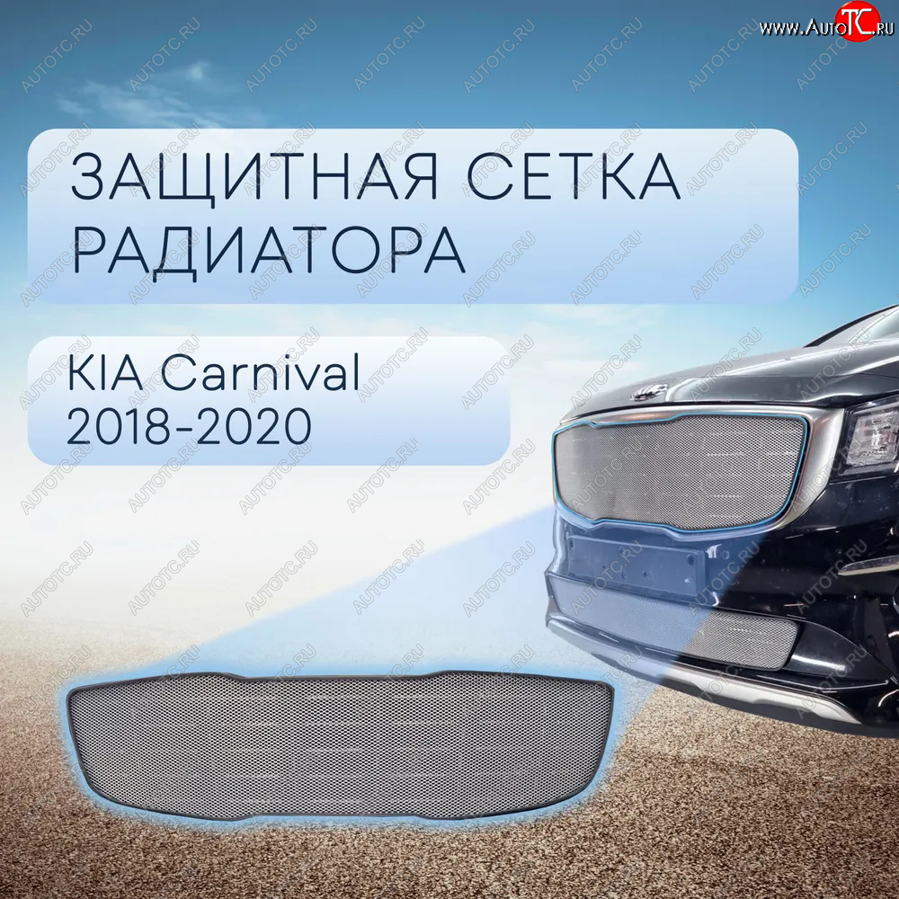 5 599 р. Защитная сетка в бампер (верх, ячейка 3х7 мм) Alfeco Стандарт  KIA Carnival  YP (2018-2020) минивэн рестайлинг (Хром)  с доставкой в г. Таганрог