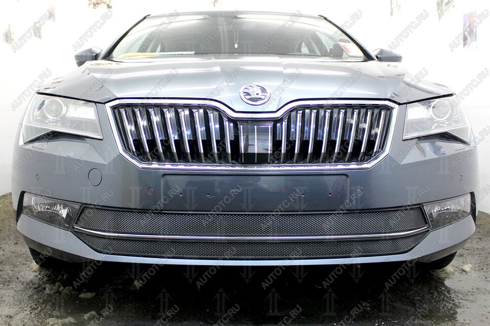 4 649 р. Защита радиатора (2 части) Стрелка11 Стандарт  Skoda Superb ( B8 (3V),  B8 (3V5)) (2015-2019) лифтбэк дорестайлинг, универсал дорестайлинг (черная)  с доставкой в г. Таганрог