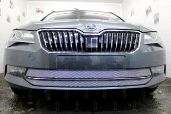 4 799 р. Защита радиатора (2 части) Стрелка11 Стандарт  Skoda Superb ( B8 (3V),  B8 (3V5)) (2015-2019) лифтбэк дорестайлинг, универсал дорестайлинг (хром)  с доставкой в г. Таганрог. Увеличить фотографию 2