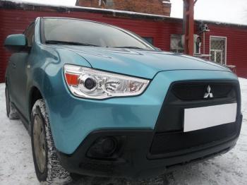 799 р. Зимняя заглушка решетки радиатора (верх, 2 части) Стрелка11 Mitsubishi ASX дорестайлинг (2010-2012) (черная)  с доставкой в г. Таганрог. Увеличить фотографию 2