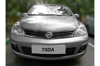 799 р. Зимняя заглушка решетки радиатора Стрелка11  Nissan Tiida  1 хэтчбек (2010-2014) C11 рестайлинг (черная)  с доставкой в г. Таганрог. Увеличить фотографию 2