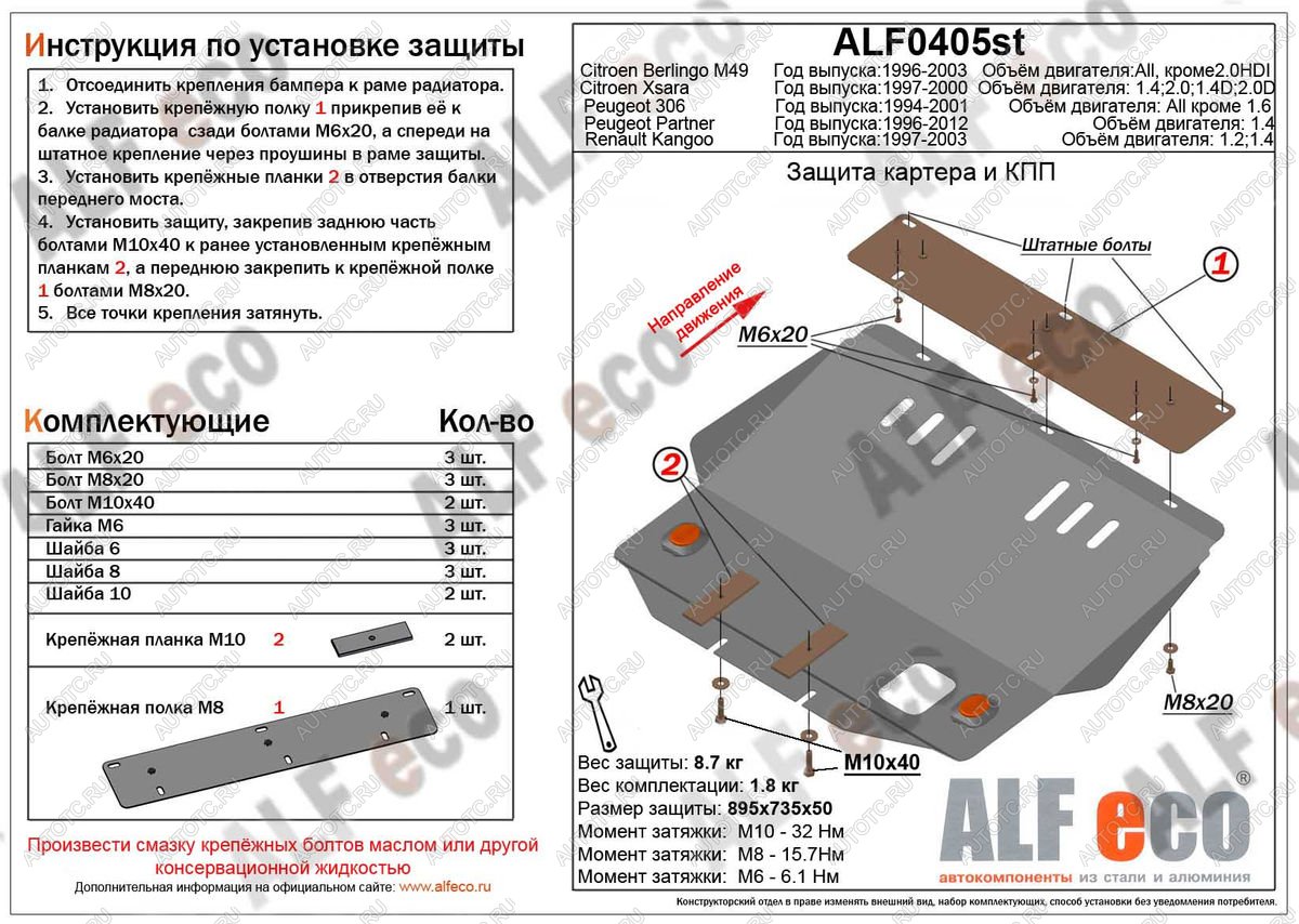 4 999 р. Защита картера и кпп (V-1,1; 1,4; 1,8;2,0;1,9D; 2,0D) ALFECO  Peugeot 306 (1993-2002) (сталь 2 мм)  с доставкой в г. Таганрог