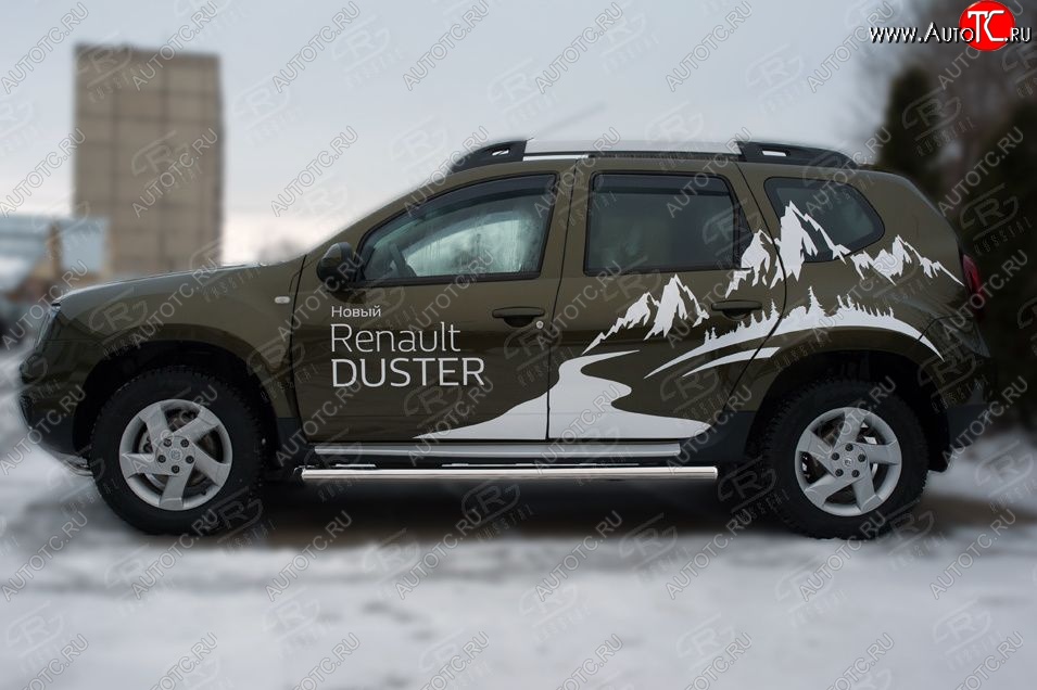 5 999 р. Защита порогов из круглой трубы диаметром 63 мм Russtal v23 Renault Duster HS рестайлинг (2015-2021) (Сталь с полимерным покрытием. Цвет: серебристый)  с доставкой в г. Таганрог