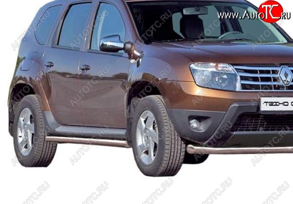 7 999 р. Защита порогов ТехноСфера (Техно Сфера) (Сталь с покрытием, 63.5 mm)  Renault Duster  HS (2010-2015) дорестайлинг (цвет: Серебристый)  с доставкой в г. Таганрог