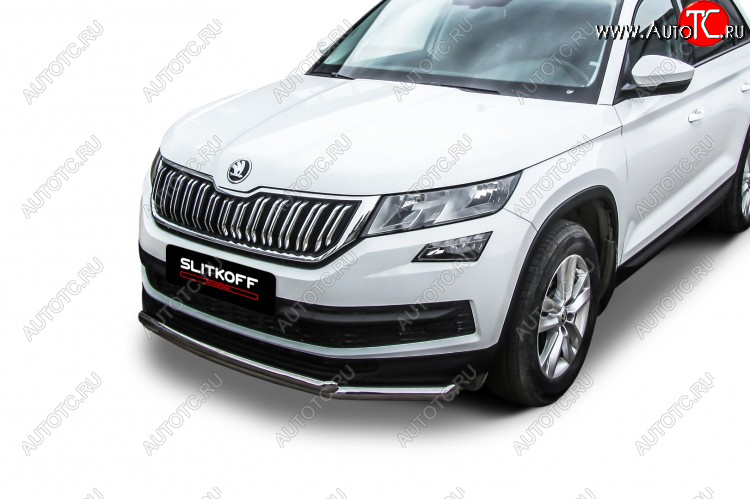 14 999 р. Защита переднего бампера Slitkoff (Ø 57+Ø 42, двойная).  Skoda Kodiaq  NU7 (2017-2021) дорестайлинг (Нержавеющая сталь)  с доставкой в г. Таганрог