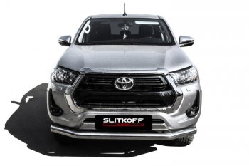 20 999 р. Защита переднего бампера Slitkoff (Ø 76 мм).  Toyota Hilux  AN120 (2017-2020) 1-ый рестайлинг (Нержавеющая сталь)  с доставкой в г. Таганрог. Увеличить фотографию 2