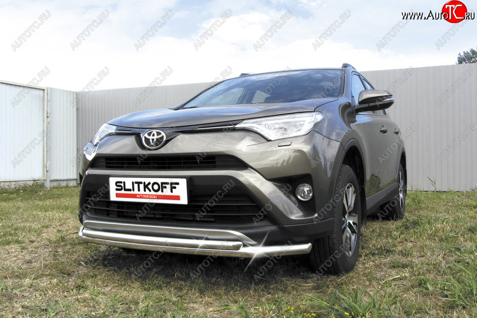 14 999 р. Защита переднего бампера Slitkoff (Ø57 и 42 мм)  Toyota RAV4  XA40 (2015-2019) 5 дв. рестайлинг (Нержавейка полированная)  с доставкой в г. Таганрог