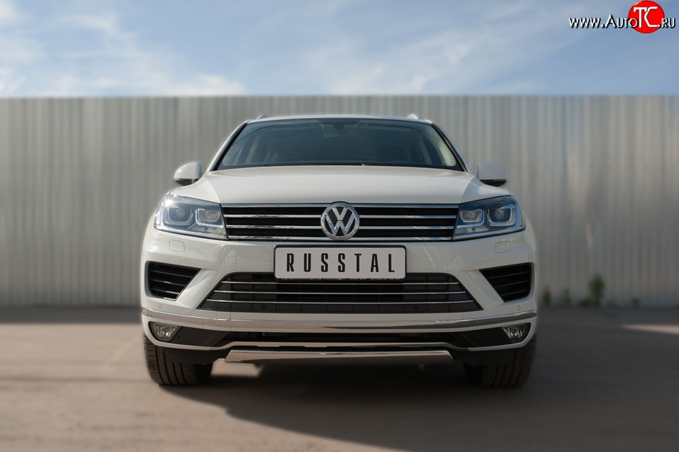 15 649 р. Защита переднего бампера (Ø75х42 мм, нержавейка) Russtal Volkswagen Touareg NF рестайлинг (2014-2018)  с доставкой в г. Таганрог