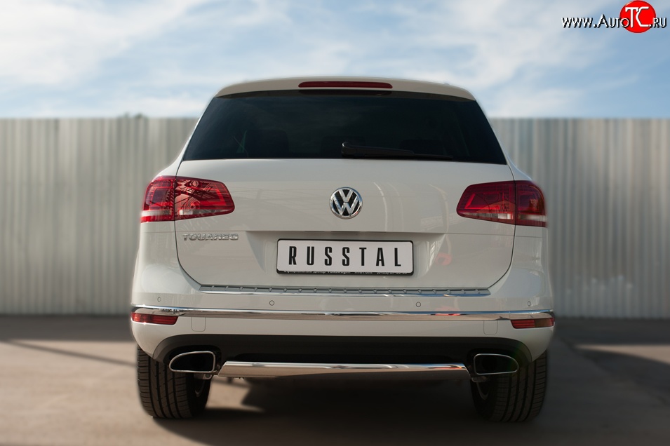 15 649 р. Защита заднего бампера (Ø75x42 мм, нержавейка) Russtal Volkswagen Touareg NF рестайлинг (2014-2018)  с доставкой в г. Таганрог